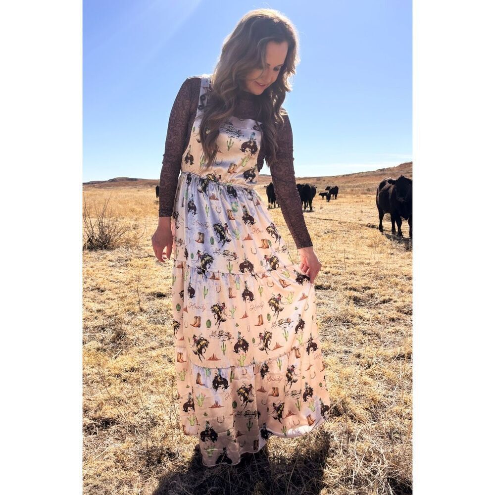 NWT Cowgirl Confetti Western Rodeo Print Tiered Satin Maxi Casual Boho Dress